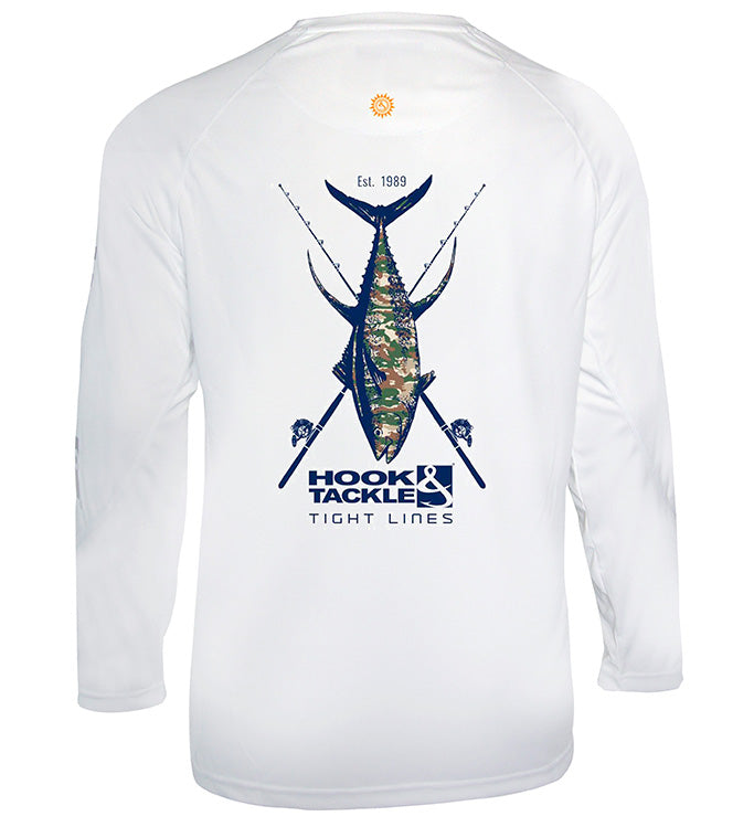 UV|UPF Sun Protection T-Shirt - Men's Camo Tuna L/S UV Fishing Shirt Hook & Tackle